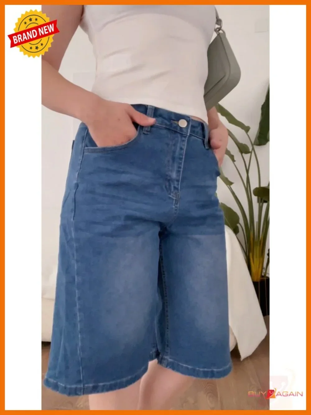 Women's Mid-Low Waist Denim Bermuda Shorts Baggy Loose Fit Knee-Length Jorts